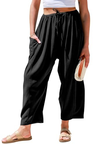 TARSE Womens Linen Wide Leg Pants Casual Palazzo Harem Pants with Pockets