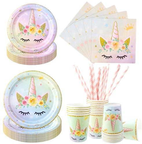 Aitsite 100 Stück Einhorn-Partyteller für 20 Gäste, Einhorn-Geburtstagsgeschirr, Kindergeburtstagsparty-Dekoration, Teller, Becher, Servietten (bunt)