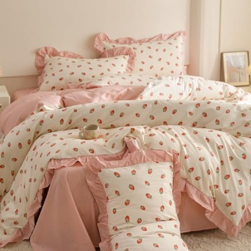 Lanqinglv Rüschen Bettwäsche 135x200 Rosa Erdbeeren,ÖKO-TEX Zertifiziert | für Allergiker,Aesthetic Bettwäsche aus Mikrofaser,Romantisch Bettbezug mit Reißverschluss und 1 Kissenbezug 80x80 cm