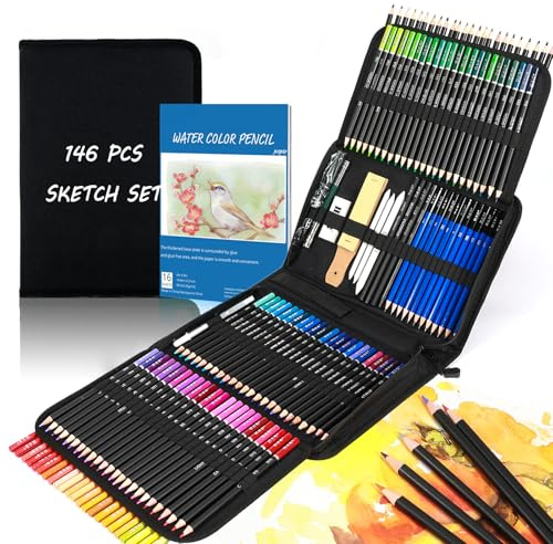 146Pcs Drawing and Sketching Colored Pencils Set, Art Supplies Include Sketch Charcoal Colored Metallic Watercolor Graphite Mark Pencils, Professional Drawing kit and Sketchbook for Artists Adult