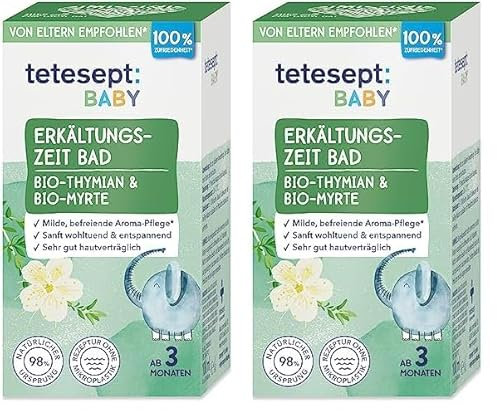 tetesept Baby Erkältungszeit Bad – Badezusatz mit Bio-Thymian und Bio-Myrte für einen befreienden Duft-Effekt – Wohltuende, milde Aroma Pflege für Babys ab 3 Monaten – 100 ml (Packung mit 2)