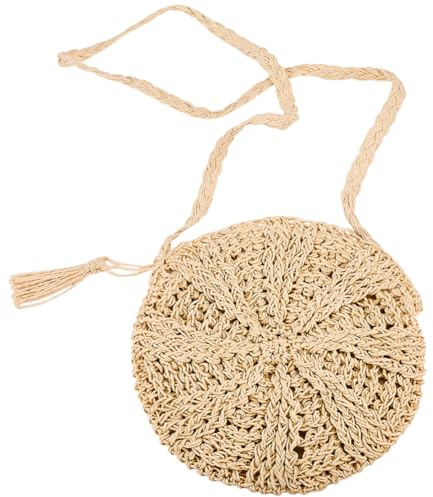 Beebeecraft 1 Stück Runde Strohtasche Böhmische Handtasche Strand Umhängetasche Aus Stroh Mit Quaste Für Reisen Und Urlaub (PapayaWhip)