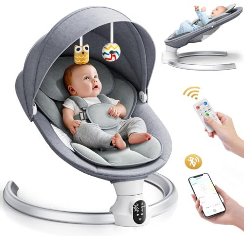 Ixdregan Operazione APP Sdraietta Neonati, Imbracatura a 5-Punti Migliorata Altalena Neonato Elettrica con 3 Timer, 5 Velocità di Altalena, Sdraietta Neonati Bluetooth Imbottita Morbida 0-9kg (Grigio)