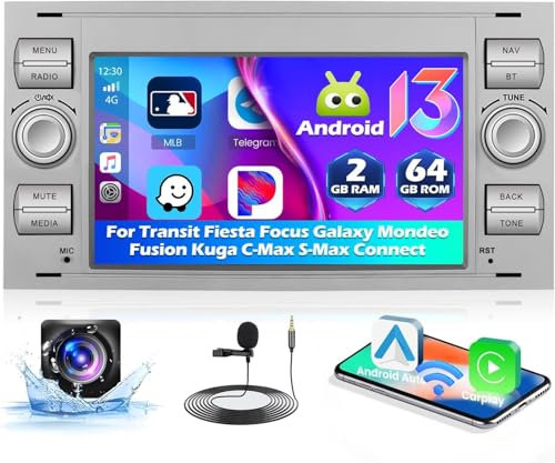 2+64G Radio for Ford Focus Kuga Fiesta Fusion Transit Galaxy Mondeo C-Max S-Max Connect Android Car Stereo Wireless Apple CarPlay Android Auto,7 inch Touch Screen Radio WiFi GPS FM RDS