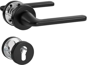 SORWDUERM Poignée de Porte Noire, Garniture de Prothèse en Acier Inoxydable Brossé Mat, Poignée pour Porte d'Entrée et Porte Intérieure, Forme en L, Rosace Ronde, PZ - Cylindre de Profil