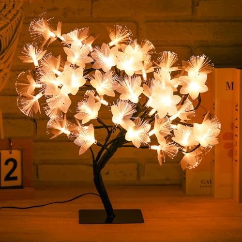 Drawelry Fibre Optic Flower Tree Lamp, 48 LED Table Night Light, USB Powered Artificial Bonsai Tree Lamp Bedroom Living Room Decor, Mothers Day Birthday Gift for Women Girls (White)