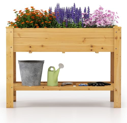 GOPLUS Carré Potager sur Pieds en Bois, Jardinière Surélevée & Étagère de Rangement, Trous de Drainage, Bac de Fleurs pour Herbes, Légumes, pour Jardin, Terrasse, Balcon, 120x60x81cm (Naturel)