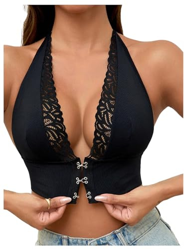 GORGLITTER Women's Deep V Neck Lace Front Fastening Bras Wireless Halter Medium Support Sexy Lingerie Bralettes