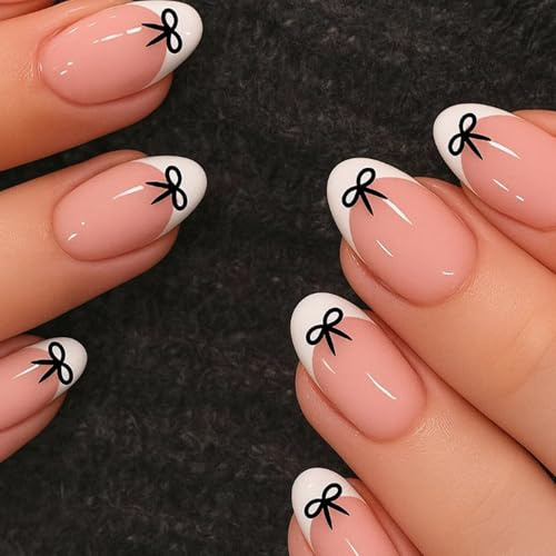 Short Almond Press-On False Nails, Pink White Tips, Black Bows, 24-Piece | Glossy Curved Tip Design, Coordinated Decorative Finish, For Everyday At-Home Manicures Or Before Social Occasions