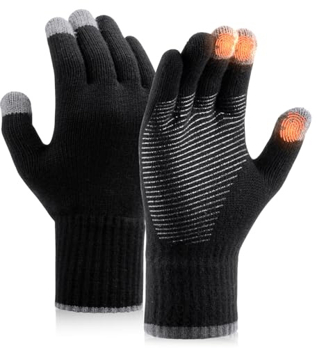 Heat equation Merino Wool Gloves for Men Women, Touch Screen Warm Anti-Slip Glove Thermal Soft Knit for Winter Driving Hiking L Black