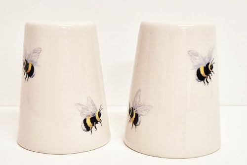 Bumble Bees Salt & Pepper Cruet Set Cream Conical Earthenware Shakers Hand Decorated in UK