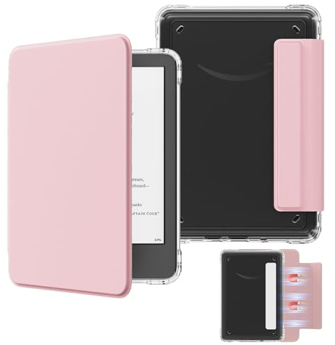 MoKo Magnetische Hülle für Kindle 11. Gen 2024/2022 6 Zoll, Rosa | Abnehmbar, Ultraklare Kratzfeste Abdeckung, Rückseite und Gehäuse, Auto Schlaf/Wach,wasserdicht