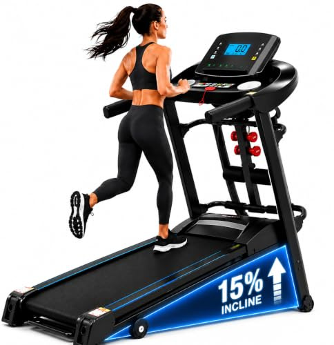 Treadmill for Home Foldable, Motorised Treadmill with 15% Incline for Home Use, 120KG Capacity for Heavy People, LED Display, 12 Programmes, Shock Absorption, USB Music
