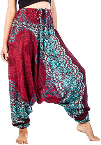 Lofbaz dam 2 i 1 haremsbyxor och jumpsuit med mjuk midja, Rose 1 Bourgogne, XXL stor