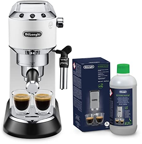 De'Longhi Dedica EC685.W Macchina da Caffè Espresso Manuale e Cappuccino, Caffè in Polvere o in Cialde E.S.E. & DLSC500 ECODECALK Decalcificante Macchine Caffè Ecologico, Materie Prime Naturali
