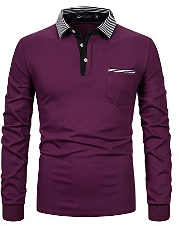 STTLZMC Långärmad polotröja för män kontrast plakett t-shirt golf tennis t-shirt, vin, XL