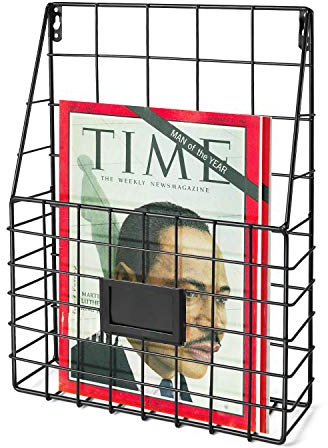 Flexzion Wall Mounted Magazine File Rack Organizer for Mail Entryway Kitchen Office Bathroom Home Basket Bin Decor Metal Wire Shelves Storage for A4 Documents Tablest DMs Comic Books Recipes, Black