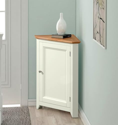 Hallowood Furniture Clifton Green Off White Corner Storage Cabinet with Light Oak Top, Small Cupboard with Adjustable Shelves, Storage Corner Unit For Living Room, Dining Room or Kitchen