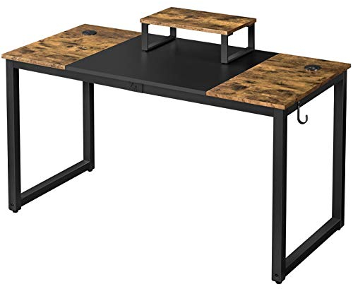 Yaheetech Schreibtisch Computertisch, Arbeitstisch Lerntisch mit 2 Motorhalterung/2 Kabeldurchführungen/1 Kopfhörerhaken, 140 × 60 × 89,5 cm, Rustikales Braun