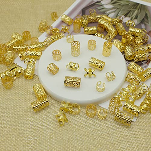 LEILEIXI 100 PCS Gold Dreadlock Locs Accessories for Hair, Hair Jewelry for Braids Hair Rings for Women and Girls, Adjustable Cuffs Braiding Hair Rings Decoration