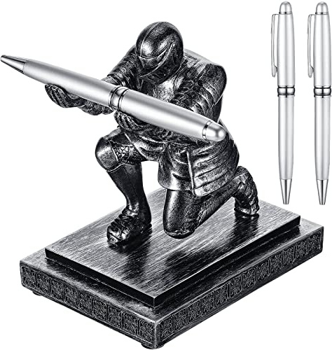 Spakon Knight – Porte-stylos en résine avec 2 stylos et accessoires amusants – Gadgets de bureau – Décoration de bureau cool pour homme, fournitures de bureau à domicile, cadeau de vacances