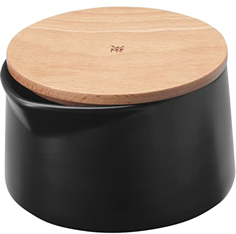 WMF Kineo Zuckerdose mit Deckel 230g, Steinzeug matt, Buchenholz, Löffel- & Schüttöffnung, für Streu- und Würfelzucker, schwarz