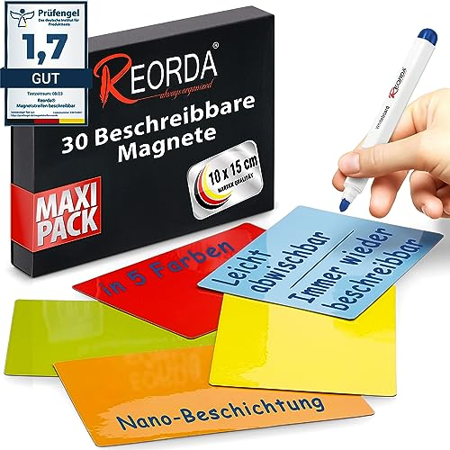Reorda® Magnetstreifen beschreibbar - 30 Stück wiederbeschreibbar - 10 x 15cm (Bunt) - Beschreibbare Magnete für Whiteboard, Kanban, Magnettafel oder als beschriftbare Magnete für den Kühlschrank