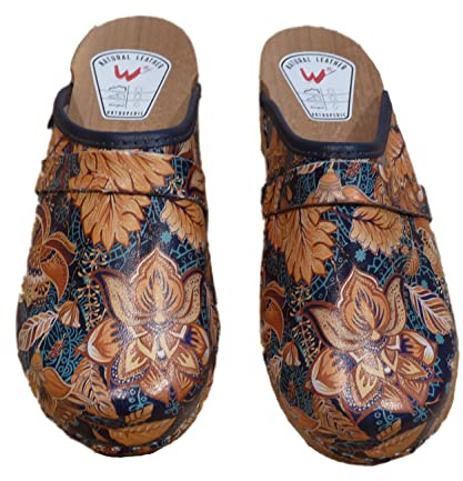 MEIWITT Naturfellshop Holzschuhe Schweden Clogs Echt Leder/Holz Sohle/Holzclogs Pantoletten geblümt