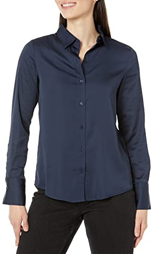 Amazon Essentials Women's Regular-Fit Satin Button Down Shirt (Available in Plus Size), Navy, XS