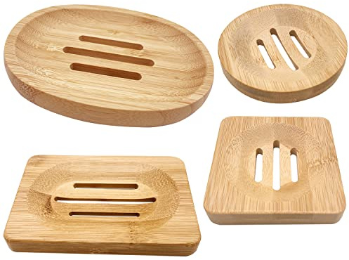 4 Stück Holz Seifenhalter Badezimmer Seifenschale Natur Bambus Seifenschale Seifenschale Tablett für Zuhause Badezimmer Shampoo Bar, quadratisch/rund/oval/rechteckig