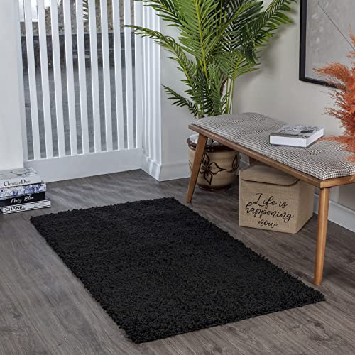 Livabliss Home Tapis Shaggy Uni - Tapis de Couloir, Salon, Salle à Manger, Chambre, Cuisine, Entrée - Poil Long Moelleux et Doux, Beige Motif Berbère, Carpette Chambre Monochrome 80x150 cm - Noir