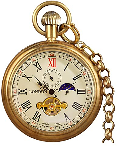 VIGOROSO Herren Vintage Vollkupfer Handaufzug Mechanische Sekunden- und 24-Stunden-Unterzifferblätter Taschenuhr in Box