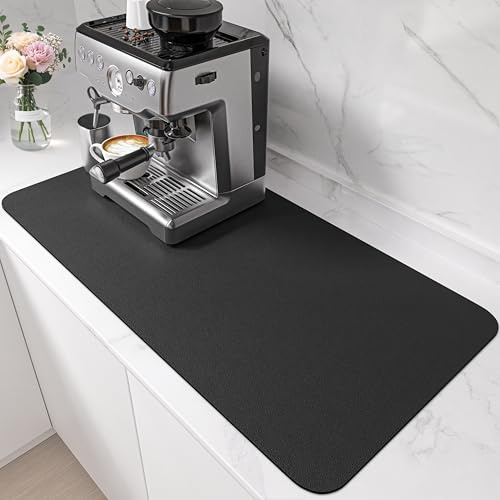 PoYang 31.5x17 Coffee Mat X-Large, Coffee Bar Accessories for Countertop, Absorbent Dish Drying Mat, Anti-Slip and Hide Stain Pad for Espresso Machine, Espresso Maker and Kitchen Counter, Black