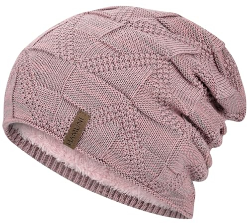 HAMUNI Mütze Damen - Atmungsaktiv Strickmütze Herren - Slouch Beanie Mütze mit Weichem Fleece Innenfutter - Unisex Wintermütze - Klassische Herren Damen Mütze für Herbst Winter Frühjahr (Rosa)