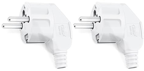 Spina Schuko angolare 2 pezzi, spina con contatto di protezione con manicotto antipiega, spina 250 V (16 A), spina angolare esterna impermeabile, per cavo da 8 a 10 mm, bianco
