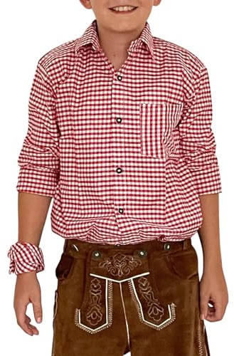 Trachterbahn Chemise traditionnelle pour garçon - À carreaux et coton blanc - Manches longues - Avec foulard de 45 x 45 cm et poche de poitrine, rouge, 158