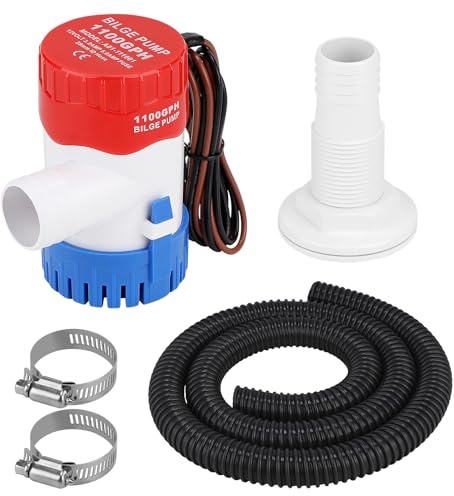 CPROSP Bomba de Achique 12V para Agua 1100GPH con Manguera de φ29mm con 1x 1,88M Manguera Gris y 2 Abrazaderas Silenciosa para Caravanas, Barcos de Pesca, Piscinas Pequeñas y Fuentes