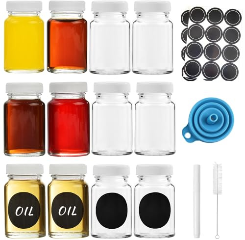 ALINK Pack of 12 60 ml Glass Juice Bottles with Lid and Labels, Reusable Small Clear Glass for Juice, Ginger, Wellness Shot, Sample, Travel Portable Mini Bottles with Wide Mouth