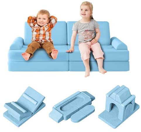 hoopyosms 10-teiliges Modulares Kinder Spielsofa, Wandelbares Kleinkind Sofa, Baubare Festung, Weiche Spielmöbel für Spielzimmer und Schlafzimmer, Blau