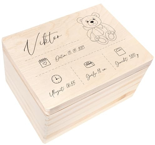 Creative Deco Erinnerungsbox Baby Personalisiert mit Namen | 40 x 30 x 24cm | Individuelle Erinnerungskiste Geschenk zur Geburt für Mädchen und Jungen | Holzkiste mit Deckel | Farbdruck