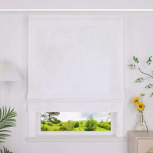 Heichkell Raffrollo mit Klettband Halbtransparent Raffgardine Küche Rollo Einfarbige Gardine Weiß BreitexHöhe 100x140 cm