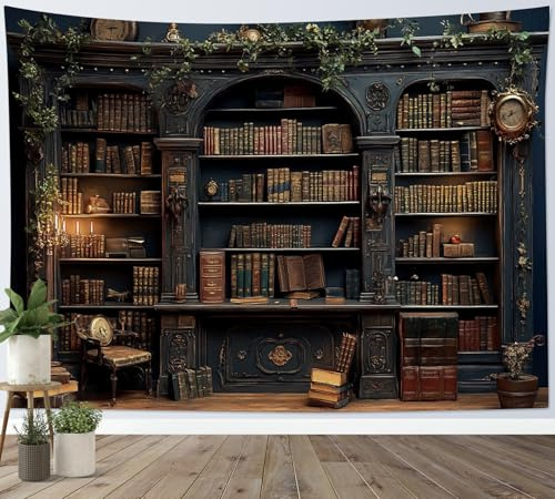 LB Wandteppich Vintage Bücherregal Wandtuch Magische braune Bücher auf Retro Regal mit grünen Blättern Wandbehang Hexen Bibliothek Tapisserie für Wohnzimmer Schlafzimmer Wohnheim Wanddeko,235x180cm