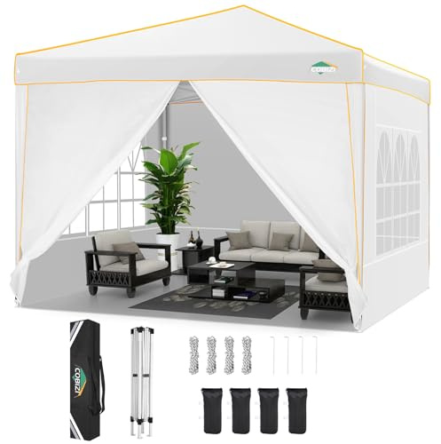 COBIZI Pavillon 3x3 Wasserdicht Stabil Winterfest Pop Up Faltpavillon Partyzelt mit 4 Seitenwänden und 4 Sandsäcken UV-Schutz 50+ Gartenpavillon für Strand Hochzeit Camping, Weiß