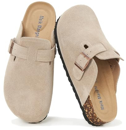 Meik Mangni Wildleder Clogs für Damen Herren Komfort Kartoffel Schuhe mit Arch Support Frauen aus Leder rutschfest Pantoletten mit Weiches Kork Fußbett,Beige,Gr.39 EU