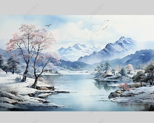 MZOwallpaper Papier Peint Intissé Encre De Chine Paysage Naturel Poster Tableaux Muraux Tapisserie Photo Trompe L'Oeil Salon Chambre Art Mural 250Cm(L) X175Cm(H)