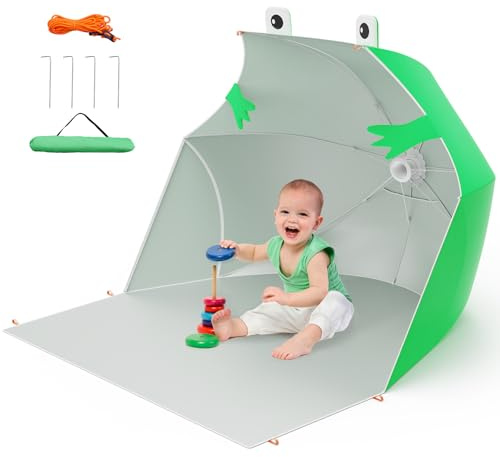 Strandmuschel Pop Up mit Uv Schutz,Sandkasten Muschel mit Bodennägel Winddicht,Baby Strandmusche für Strand, Park, Camping,Rasen,Uv Schutz Lsf 50+,Hundezelt Outdoor,Frosch,Grün