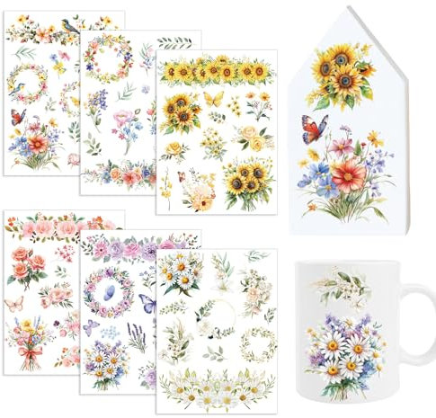 Yomover Rub on Sticker Frühling- 6 Stück Blumen Vögel Rub On Folie, Blätter Rub on Sticker, Schmetterling Transferaufkleber Aufkleber für Keraflott Möbel Glas Holz Kerzen Keramik, DIY Basteln Deko