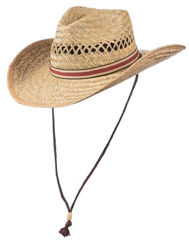 SCIPPIS Joe Westernstrohhut Herren & Damen – mit Kinnriemen – luftiger Sommerhut mit breiter Krempe für Gartenarbeit, Outdoor & Festival (DE/NL/SE/PL, Alphanumerisch, S, Natur)