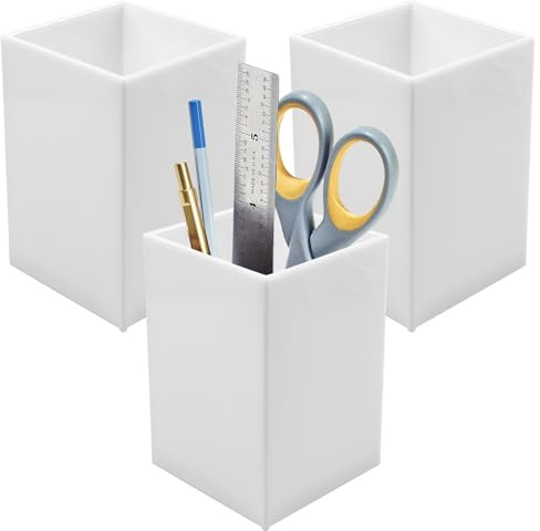 3 stycken vita akrylpennhållare, pennhållare skrivbord organisatör fyrkantig pennkruka make-up penselhållare kontorsmaterial för pennor, sminkborstar, förvaring av skrivmaterial (6,5 x 6,5 x 10 cm)