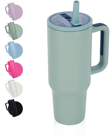 CherryKelly 40oz (1200ml) Tumbler with Handle & Flip Straw | Stainless Steel Travel Coffee Mug | Insulated Thermal Cup | Hot & Cold Drinks Water Bottle | BPA-Free - Sage